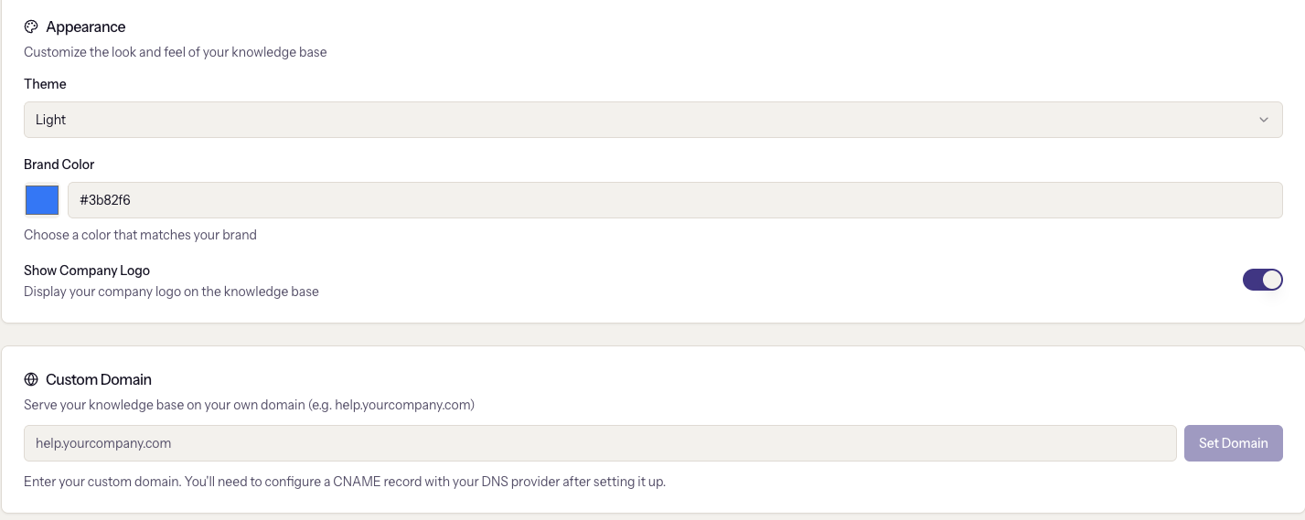 Knowledge base Appearance settings and the Custom Domain card