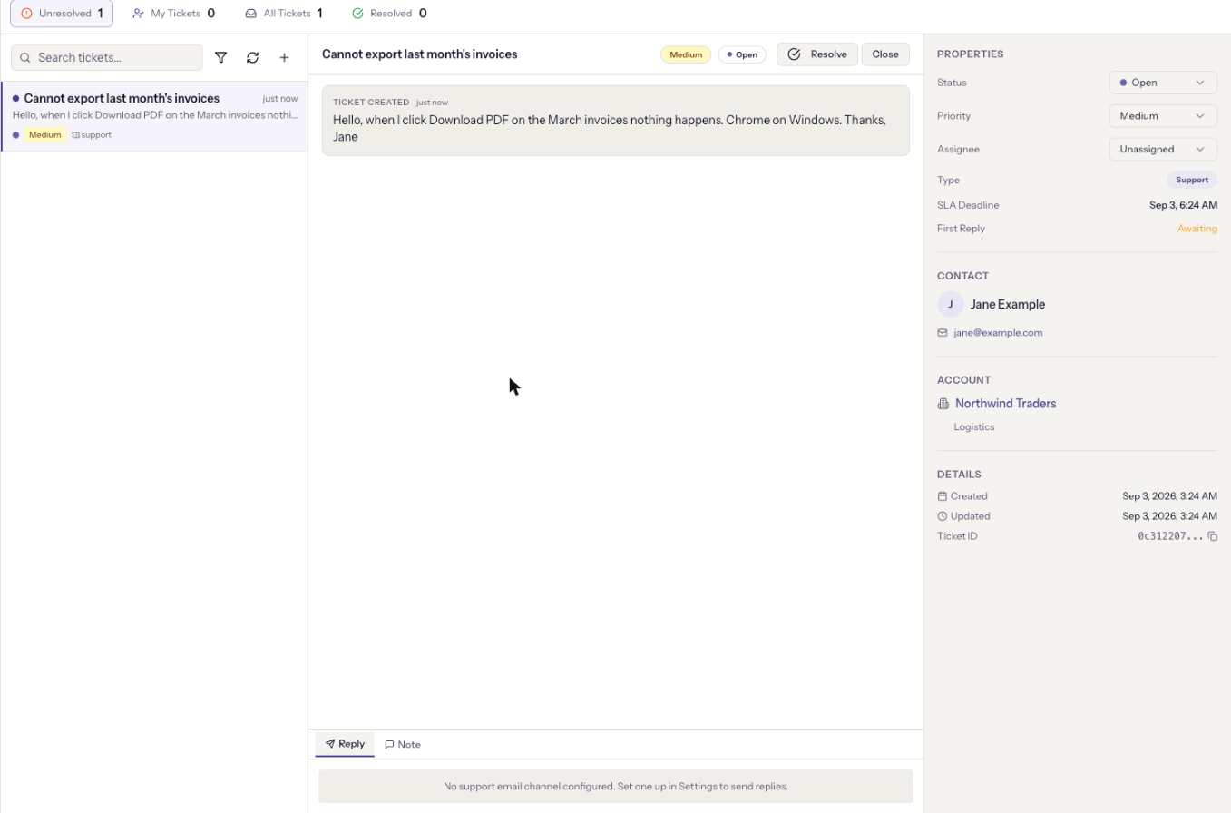 A ticket conversation with the Reply and Note composer