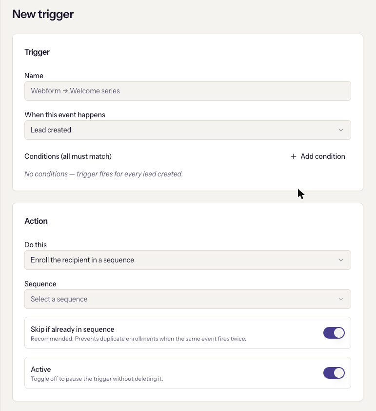 The trigger editor: event, conditions, action, and the two switches